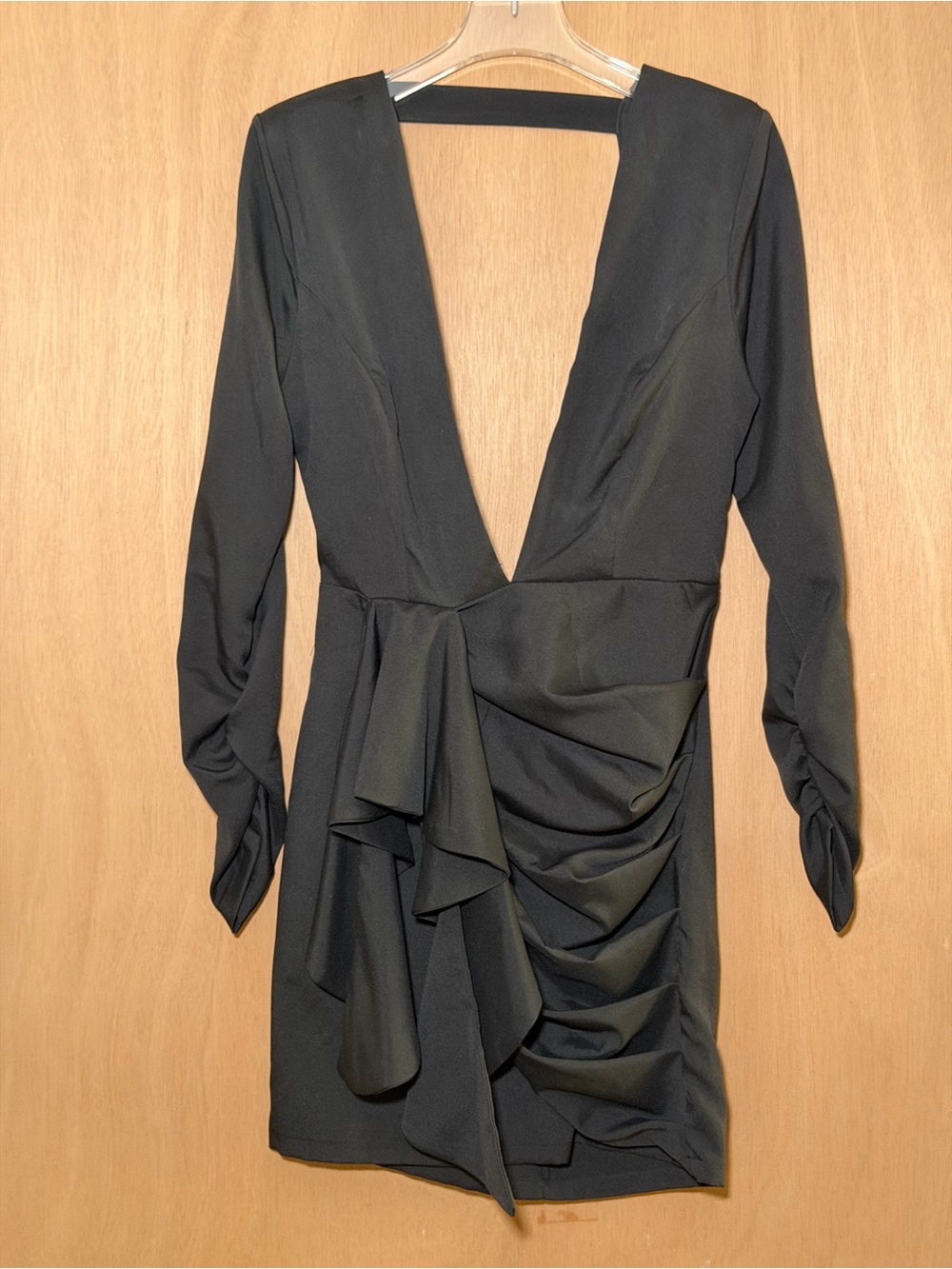 Luxxel Black Deep V Mini Dress with Draped Ruffle